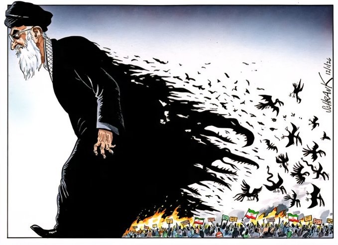 漫畫家Peter Schrank以漫畫描繪伊朗恐怖統治。（翻攝自IG@political_cartoon_gallery）